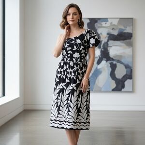 Anthropologie Black and White One Shoulder Dress
